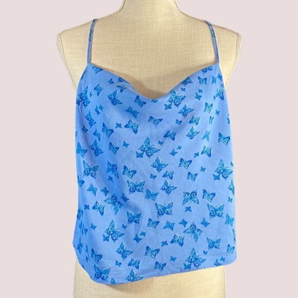 Y2K Crop Drape Front Blue Butterly Spaghetti Strap Cami - Picture 1 of 8
